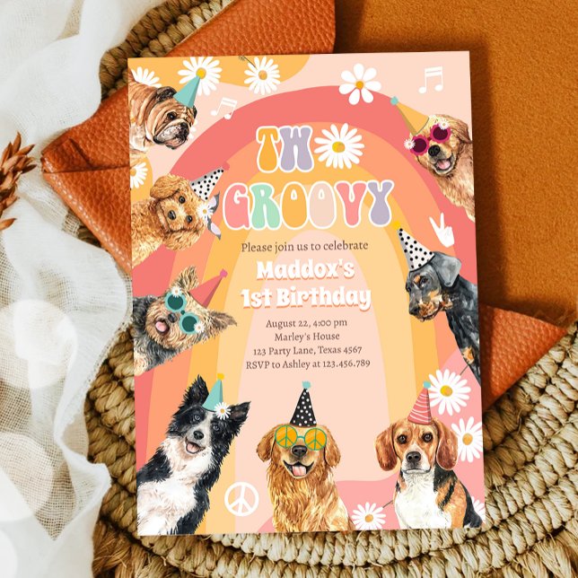 Two Groovy Dog Retro Pawty Boy Birthday Invitation (Creator Uploaded)