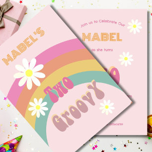 Two Groovy Floral Modern Pink Birthday  Invitation