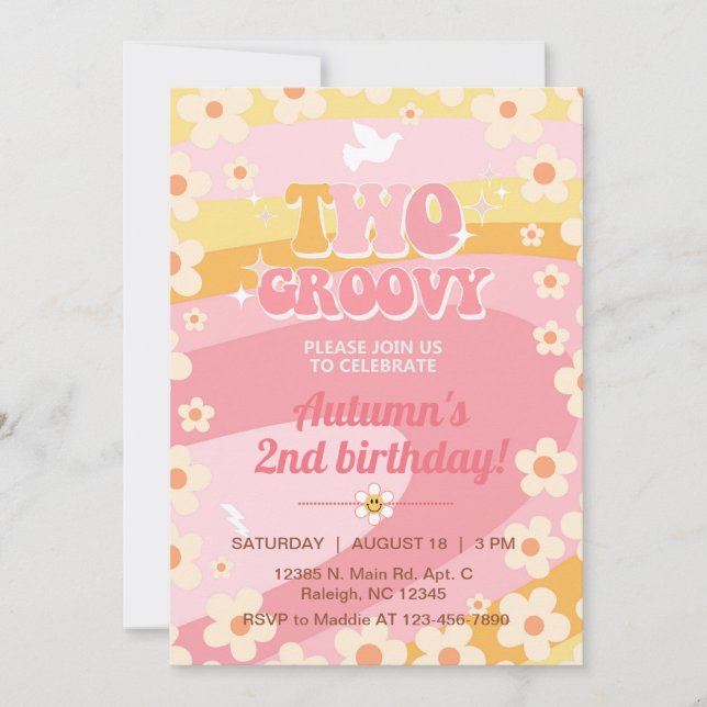 Two Groovy girl 2nd birthday invite, invitation (Front)