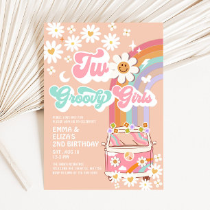 Two Groovy Girls Twin Daisy Rainbow Van Birthday Invitation