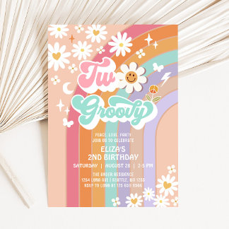 Two Groovy Hippie Daisy Rainbow 2nd Birthday Invitation