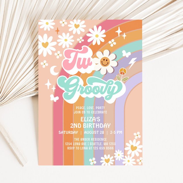 Two Groovy Hippie Daisy Rainbow 2nd Birthday Invitation (Creator Uploaded)