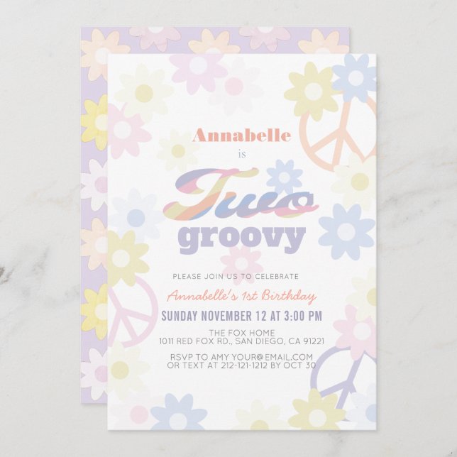 Two Groovy Pastel Colour Daisy 2nd Birthday Invitation (Front/Back)