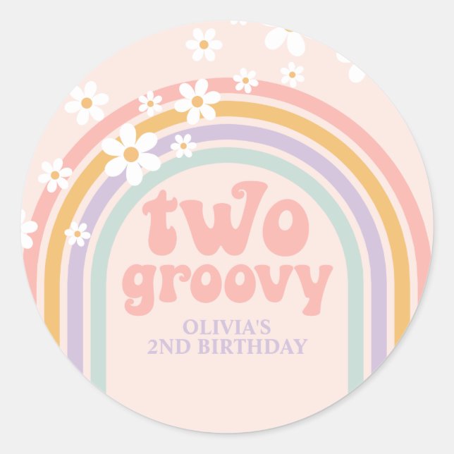 two Groovy Pastel rainbow 2ND birthday Classic Round Sticker (Front)