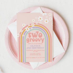 Two Groovy Pastel rainbow 2ND birthday Invitation
