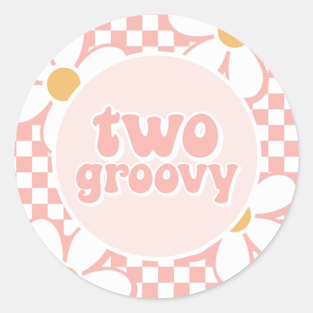 Two Groovy Pink Daisy Chequered Classic Round Sticker (Front)