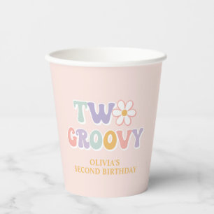 TWO Groovy Pink Daisy Chequered Paper Cups