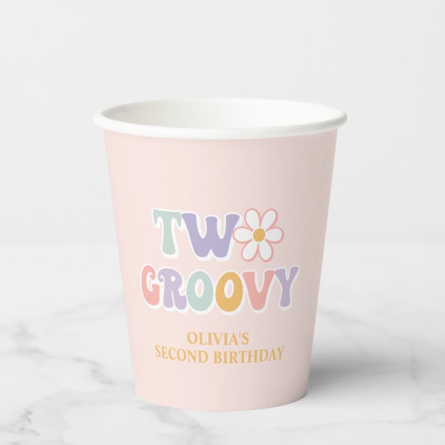 TWO Groovy Pink Daisy Chequered Paper Cups (Front)
