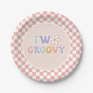 Two Groovy Pink Daisy Chequered Paper Plate