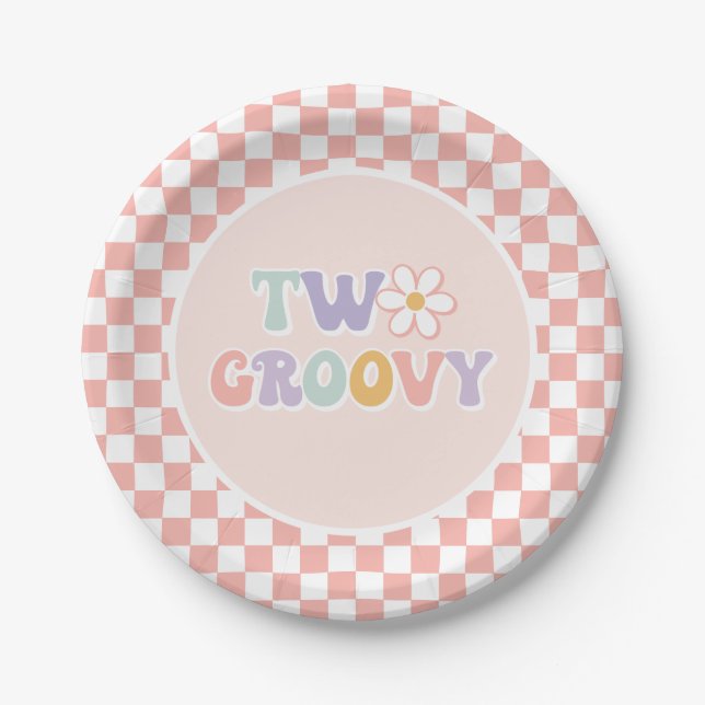 Two Groovy Pink Daisy Chequered Paper Plate (Front)