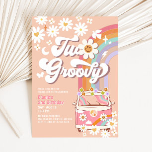 Two Groovy Pink Daisy Rainbow Hippie 2nd Birthday Invitation