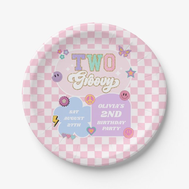 Two Groovy Preppy Patch 2nd Birthday Party Paper Plate (Front)