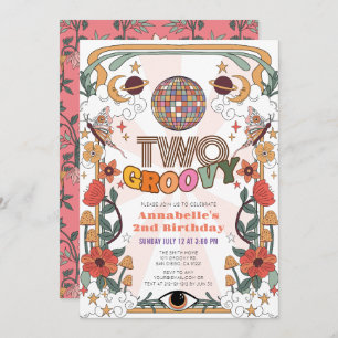 Two Groovy Psychedelic Retro Girl 2nd Birthday Invitation