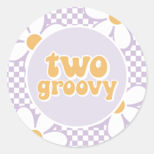 Two Groovy Purple Daisy Chequered Classic Round Sticker