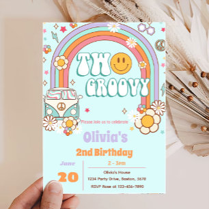 Two Groovy Rainbow Flower 2nd Birthday Invitation