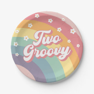 Two Groovy Retro 70s Rainbow Daisy 2nd Birthday  Paper Plate