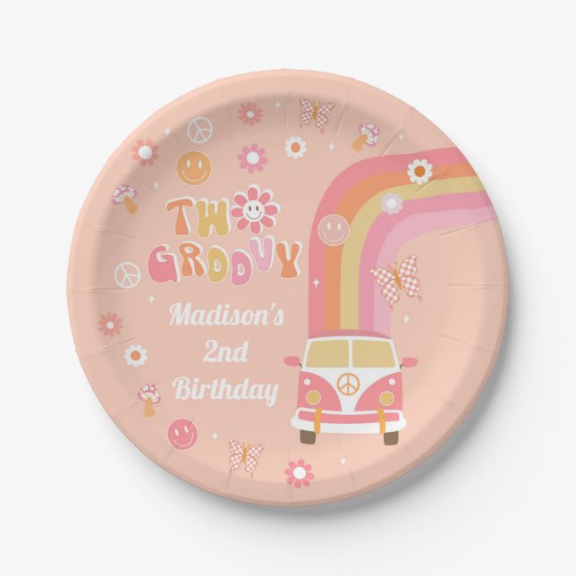 Two Groovy Retro Boho Birthday Party Paper Plates (Front)