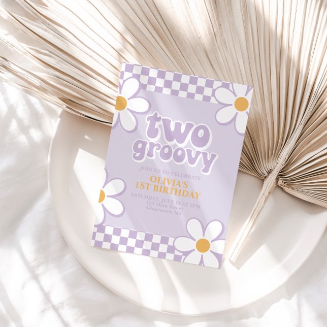 Two Groovy Retro Check Lilac Daisy Invitation (Creator Uploaded)