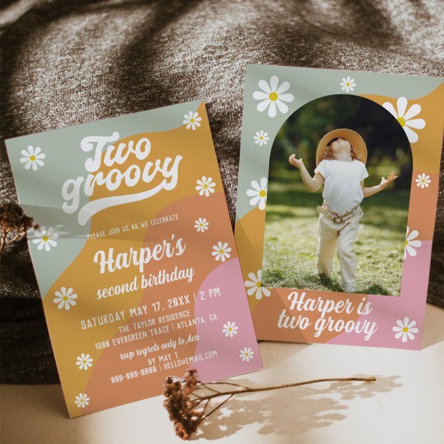 Two Groovy Retro Daisy 2nd Birthday Invitation (Creator Uploaded)