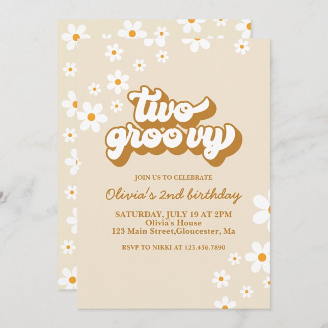 Two Groovy Retro Daisy 2nd Birthday Invitation (Front/Back)