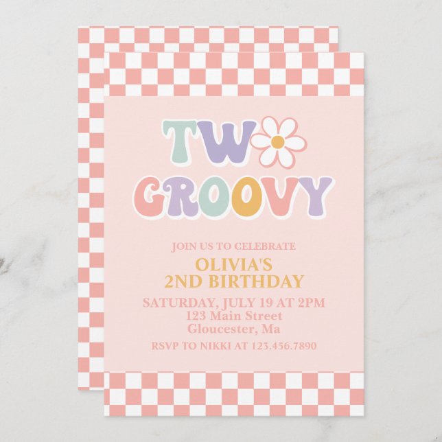 Two Groovy Retro Daisy and Chequered 2nd Birthday Invitation (Front/Back)