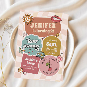 Two Groovy Retro Daisy Girl 2nd Birthday Invitation