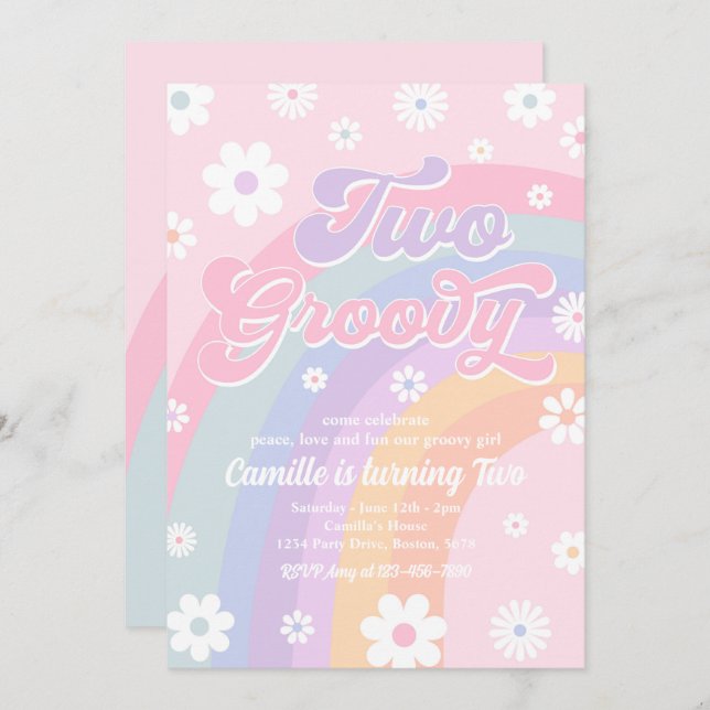 Two Groovy Retro Daisy Pastel Rainbow Birthday Invitation (Front/Back)