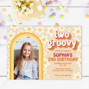 Two Groovy Retro Daisy Photo Birthday Invitation