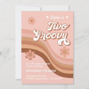 Two Groovy Retro Daisy Pink Girl Birthday Invitation