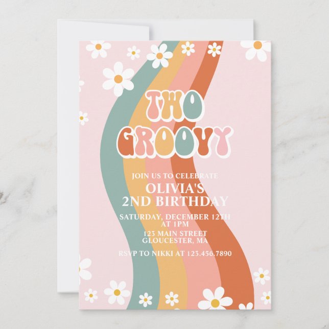 Two Groovy Retro daisy rainbow 2ND birthday Invitation (Front)