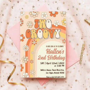 Two Groovy Retro Daisy Rainbow 2nd Birthday Invitation