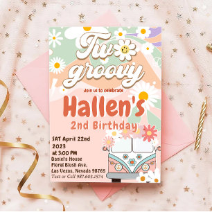 Two Groovy Retro Daisy Rainbow 2nd Birthday Invitation