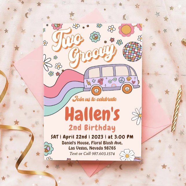 Two Groovy Retro Daisy Rainbow 2nd Birthday Invitation (Creator Uploaded)