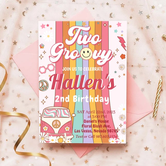Two Groovy Retro Daisy Rainbow 2nd Birthday Invitation (Creator Uploaded)