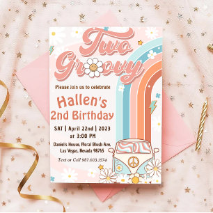 Two Groovy Retro Daisy Rainbow 2nd Birthday Invitation