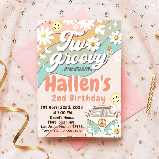 Two Groovy Retro Daisy Rainbow 2nd Birthday Invitation (Creator Uploaded)
