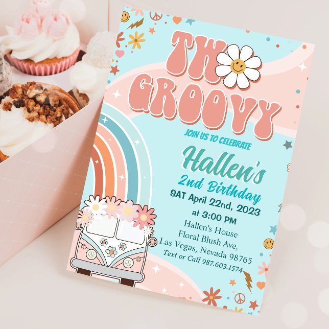Two Groovy Retro Daisy Rainbow 2nd Birthday  Invitation (Creator Uploaded)