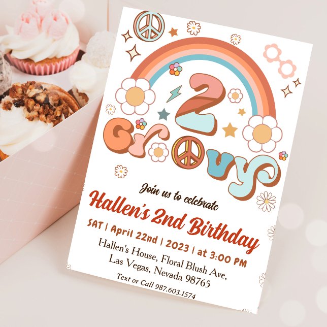 Two Groovy Retro Daisy Rainbow 2nd Birthday Invitation (Creator Uploaded)