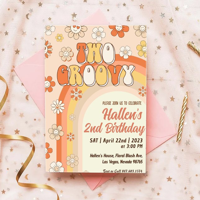 Two Groovy Retro Daisy Rainbow 2nd Birthday Invitation (Creator Uploaded)