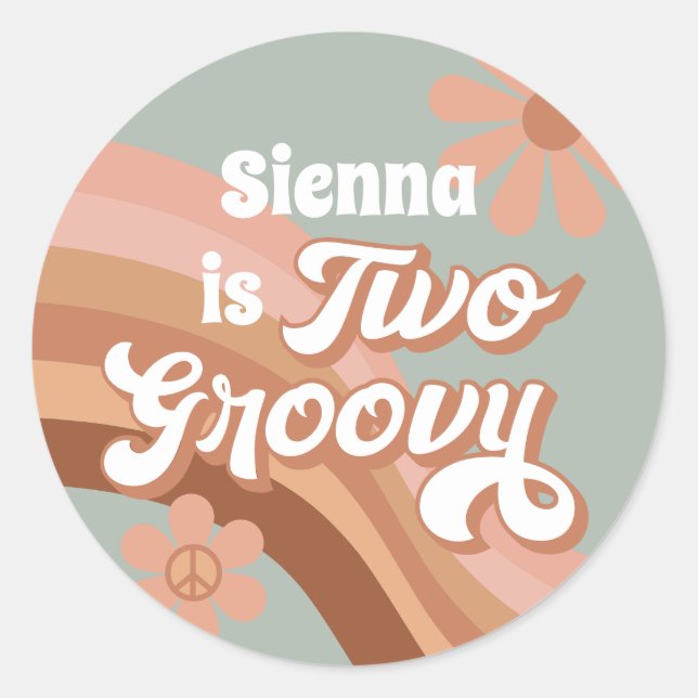 Two Groovy Retro Daisy Sage Pink 2nd Birthday  Classic Round Sticker (Front)