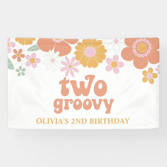 Two Groovy Retro Floral Birthday Banner (Horizontal)