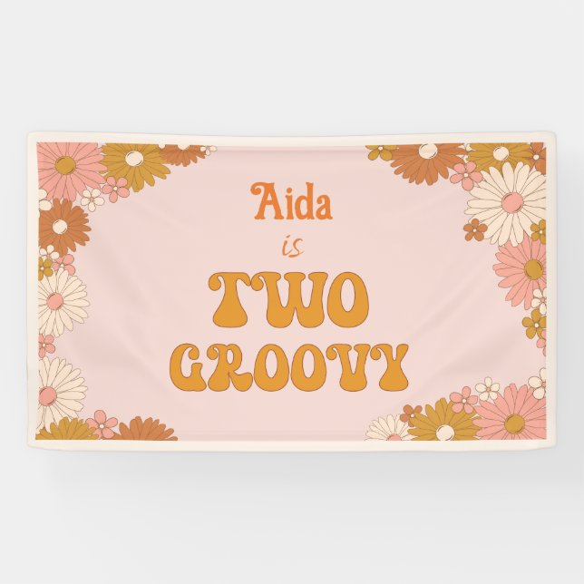 Two Groovy Retro Floral Pink & Orange Backdrop Banner (Horizontal)