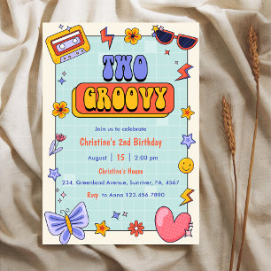 Two Groovy Retro Hippie 2nd Birthday Party Invitation