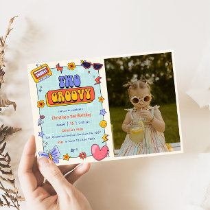 Two Groovy Retro Hippie  2nd Birthday Party Photo  Invitation