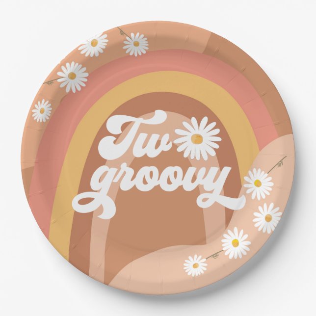 Two Groovy Retro Hippie Daisy Girl 2nd Birthday Pa Paper Plate (Front)