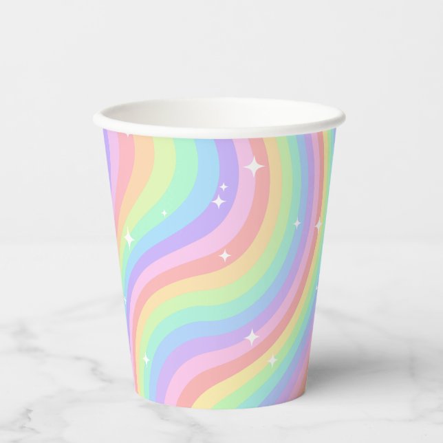 Two Groovy Retro Pastel Rainbow 2nd Birthday Paper Cups (Front)