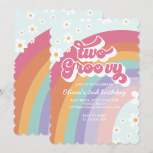 Two Groovy Retro Rainbow 2nd Birthday Invitation