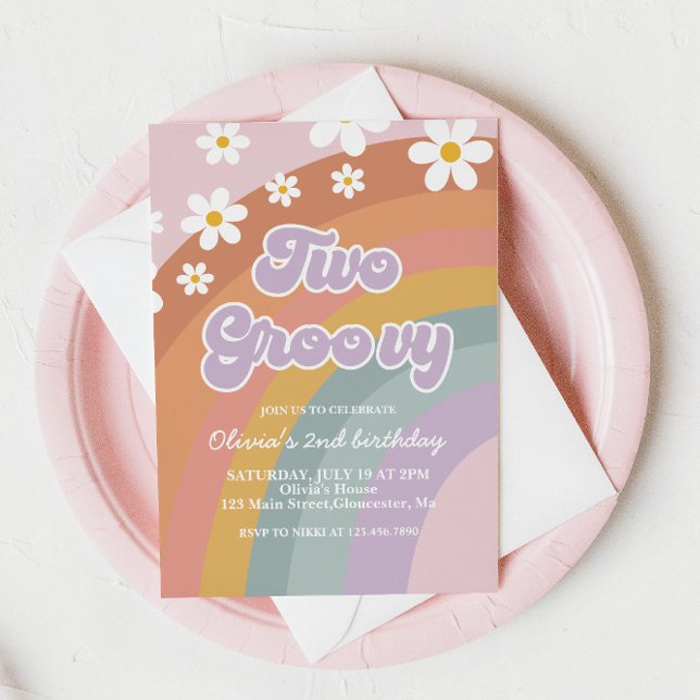 Two Groovy Retro Rainbow 2nd Birthday Invitation (Creator Uploaded)