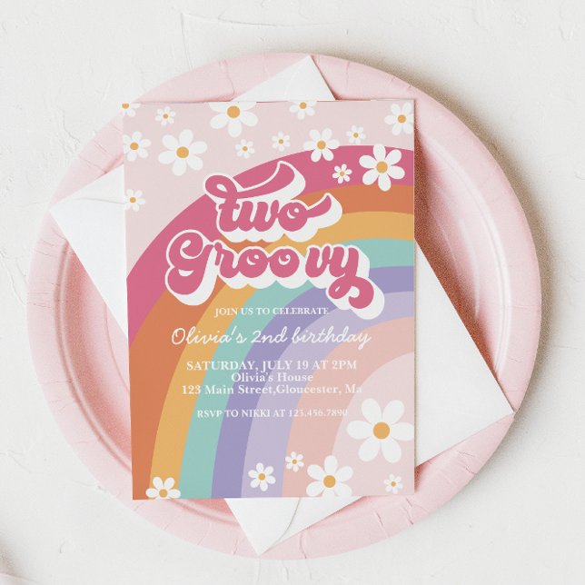 Two Groovy Retro Rainbow 2nd Birthday Invitation (Creator Uploaded)