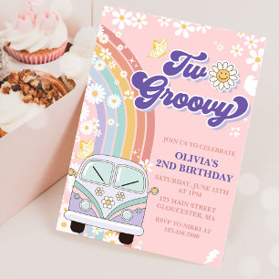 Two Groovy Retro Rainbow 2nd Birthday Invitation